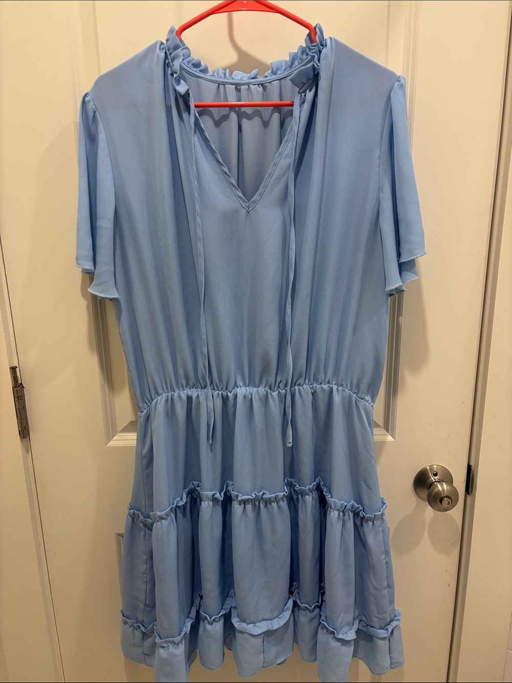 Light Blue Ruffle Tiered V-Neck Dress